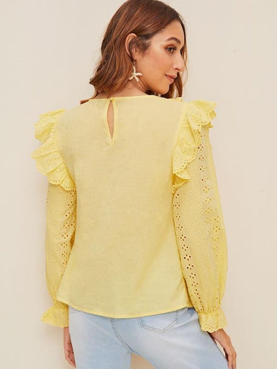 Ruffle<b style="color:White;"><font size="1"> -</font></b>Trim Embroidered Eyelet Top