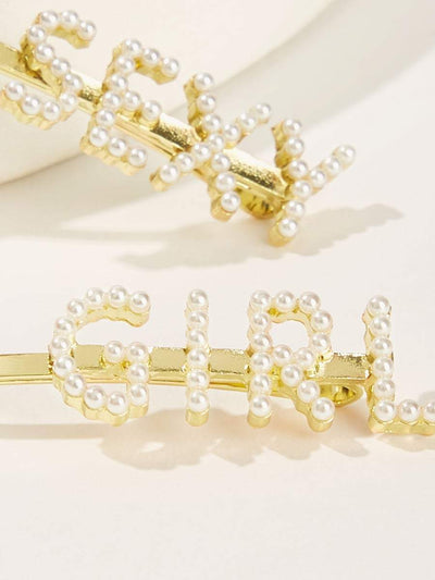 Pearl<b style="color:White;"><font size="1"> -</font></b>Decorated<b style="color:White;"><font size="1"> -</font></b>Letter Tape Hair Clip 2pcs