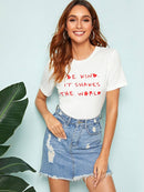 Short<b style="color:White;"><font size="1"> -</font></b>Sleeve Slogan Print Top