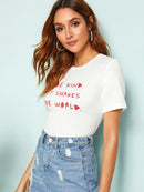 Short<b style="color:White;"><font size="1"> -</font></b>Sleeve Slogan Print Top