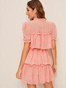 Tie<b style="color:White;"><font size="1"> -</font></b>Neck Ruffle Trim Layered Mesh Dress