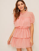 Tie<b style="color:White;"><font size="1"> -</font></b>Neck Ruffle Trim Layered Mesh Dress