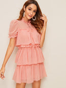 Tie<b style="color:White;"><font size="1"> -</font></b>Neck Ruffle Trim Layered Mesh Dress