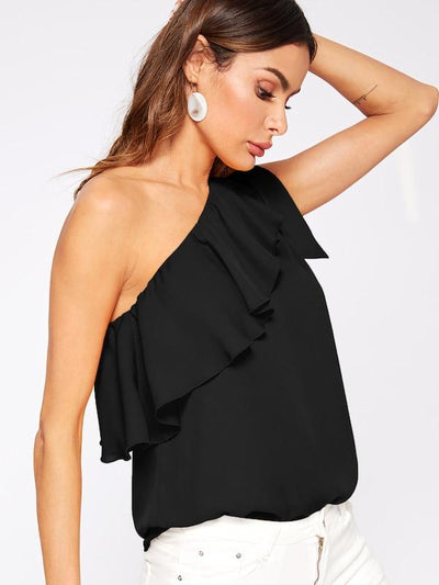 Asymmetrical<b style="color:White;"><font size="1"> -</font></b>Flounce<b style="color:White;"><font size="1"> -</font></b>Trim Knot One Shoulder Top