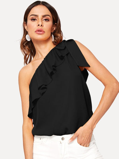 Asymmetrical<b style="color:White;"><font size="1"> -</font></b>Flounce<b style="color:White;"><font size="1"> -</font></b>Trim Knot One Shoulder Top