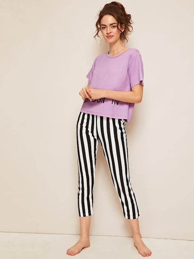 Top & Striped Pants PJ Set