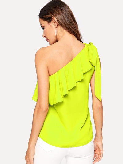 Asymmetrical<b style="color:White;"><font size="1"> -</font></b>Flounce<b style="color:White;"><font size="1"> -</font></b>Trim Knot One Shoulder Top