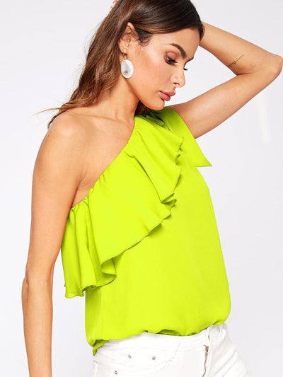 Asymmetrical<b style="color:White;"><font size="1"> -</font></b>Flounce<b style="color:White;"><font size="1"> -</font></b>Trim Knot One Shoulder Top