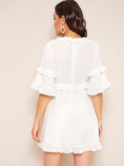 High<b style="color:White;"><font size="1"> -</font></b>Waist<b style="color:White;"><font size="1"> -</font></b>Bell Sleeve Frilled Dress