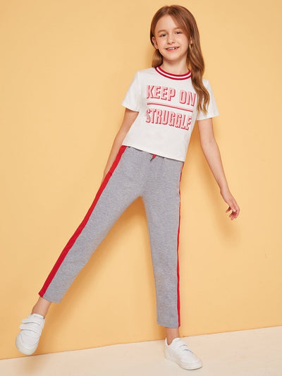 Girls<b style="color:White;"><font size="1"> -</font></b>Striped<b style="color:White;"><font size="1"> -</font></b>Neck<b style="color:White;"><font size="1"> -</font></b>Tee and Contrast Sideseam Pants Set