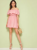 Flounce<b style="color:White;"><font size="1"> -</font></b>Off Shoulder Pom Pom Hem Dress