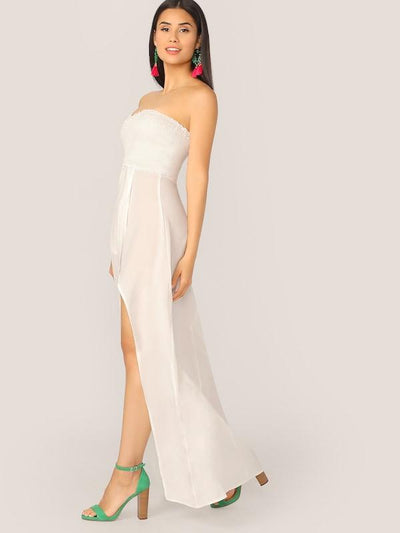 Frill<b style="color:White"><font size="1"> -</font></b>Trim Smocked Slit Hem Tube Dress