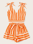 Striped<b style="color:White;"><font size="1"> -</font></b>Knot<b style="color:White;"><font size="1"> -</font></b>Surplice<b style="color:White;"><font size="1"> -</font></b>Cami Top & Belted Shorts