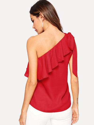 Asymmetrical<b style="color:White;"><font size="1"> -</font></b>Flounce<b style="color:White;"><font size="1"> -</font></b>Trim Knot One Shoulder Top