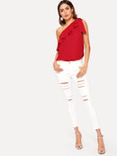 Asymmetrical<b style="color:White;"><font size="1"> -</font></b>Flounce<b style="color:White;"><font size="1"> -</font></b>Trim Knot One Shoulder Top