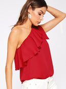 Asymmetrical<b style="color:White;"><font size="1"> -</font></b>Flounce<b style="color:White;"><font size="1"> -</font></b>Trim Knot One Shoulder Top