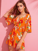 Neon<b style="color:White;"><font size="1"> -</font></b>Knot Plunge Neck Pleated Floral Romper