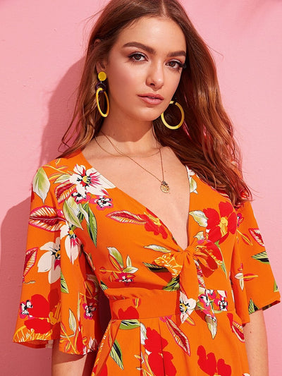 Neon<b style="color:White;"><font size="1"> -</font></b>Knot Plunge Neck Pleated Floral Romper