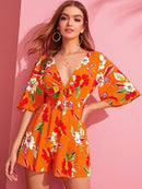 Neon<b style="color:White;"><font size="1"> -</font></b>Knot Plunge Neck Pleated Floral Romper