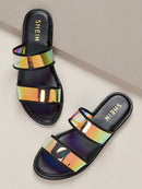 Metallic<b style="color:White;"><font size="1"> -</font></b>Iridescent<b style="color:White;"><font size="1"> -</font></b>Double Bands Slide Sandals