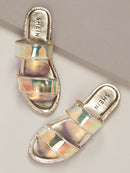 Metallic<b style="color:White;"><font size="1"> -</font></b>Iridescent<b style="color:White;"><font size="1"> -</font></b>Double Bands Slide Sandals