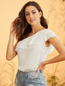 Asymmetrical<b style="color:White;"><font size="1"> -</font></b>Neck Ruffle Overlay Top