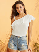 Asymmetrical<b style="color:White;"><font size="1"> -</font></b>Neck Ruffle Overlay Top