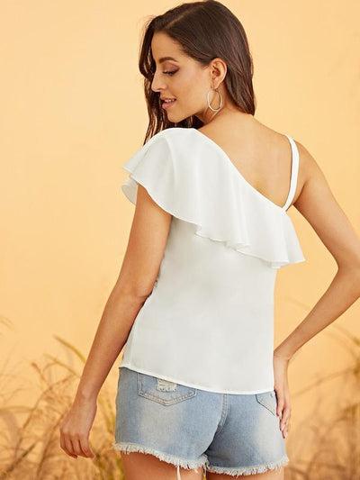 Asymmetrical<b style="color:White;"><font size="1"> -</font></b>Neck Ruffle Overlay Top