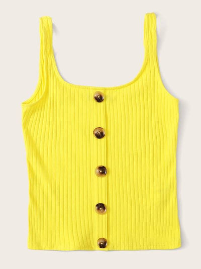 Neon<b style="color:White;"><font size="1"> -</font></b>Yellow<b style="color:White;"><font size="1"> -</font></b>Button Front Rib-knit Tank Top