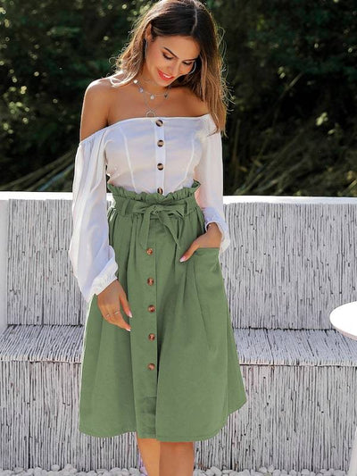 Button<b style="color:White;"><font size="1"> -</font></b>Through<b style="color:White;"><font size="1"> -</font></b>Dual Pocket Belted Paperbag Skirt