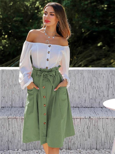 Button<b style="color:White;"><font size="1"> -</font></b>Through<b style="color:White;"><font size="1"> -</font></b>Dual Pocket Belted Paperbag Skirt