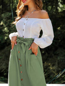 Button<b style="color:White;"><font size="1"> -</font></b>Through<b style="color:White;"><font size="1"> -</font></b>Dual Pocket Belted Paperbag Skirt