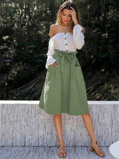 Button<b style="color:White;"><font size="1"> -</font></b>Through<b style="color:White;"><font size="1"> -</font></b>Dual Pocket Belted Paperbag Skirt