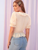 V-neck<b style="color:White;"><font size="1"> -</font></b>Ruffle<b style="color:White;"><font size="1"> -</font></b>Trim Swiss Dot Peplum Top