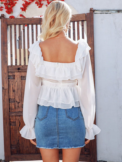 Simplee<b style="color:White;"><font size="1"> -</font></b>Zip<b style="color:White;"><font size="1"> -</font></b>Back Flounce Sleeve Peplum Top