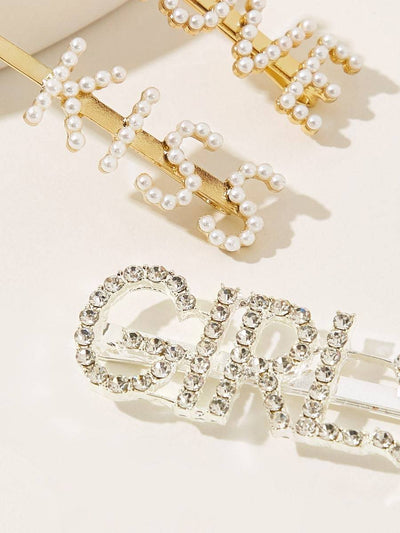 Faux<b style="color:White;"><font size="1"> -</font></b>Pearl<b style="color:White;"><font size="1"> -</font></b>&<b style="color:White;"><font size="1"> -</font></b>Rhinestone Engraved Letter Hairpin 4pcs